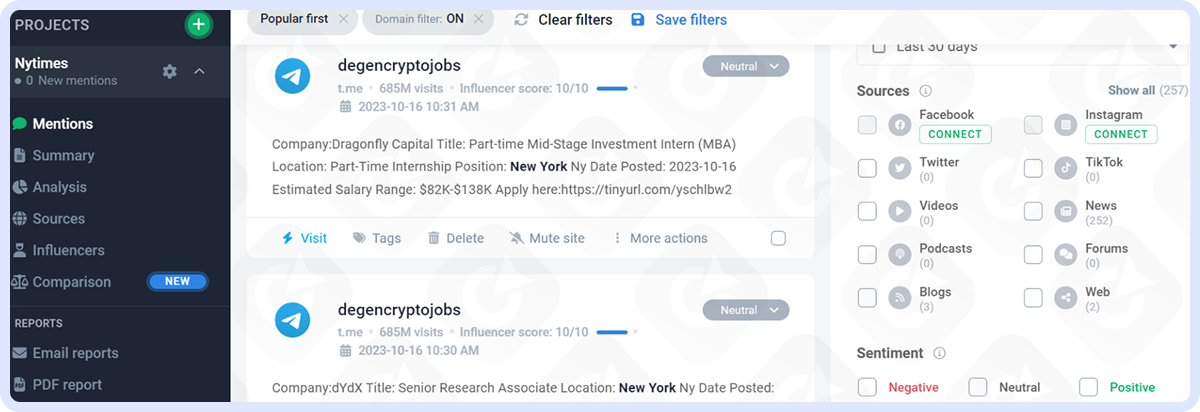 Mentions of "new york" in Telegram channels, according to Brand24. Brand24 search results showing Telegram mentions with influencer scores.