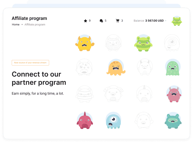 Collaborator affiliate program: fun monster mascots, earnings dashboard, and join-now message